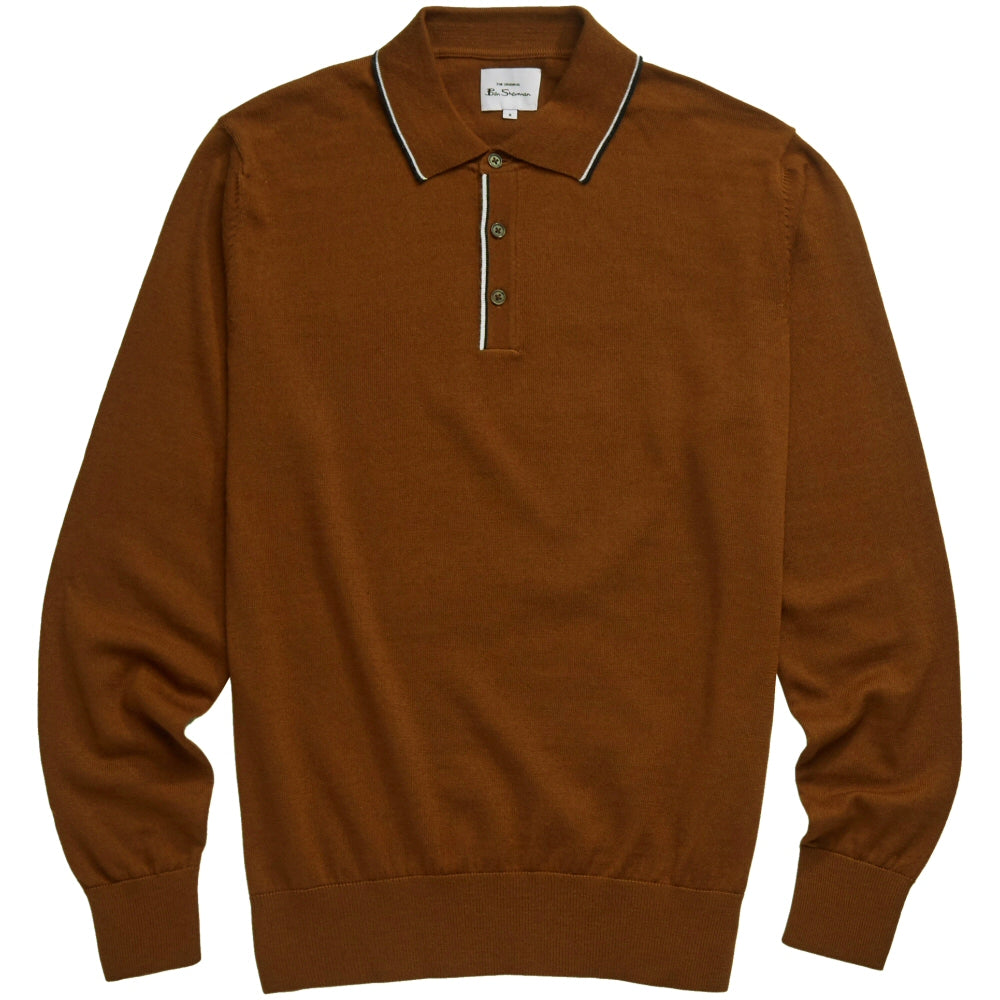 Ben Sherman Fine Gauge Tipped Knit Polo Tobacco