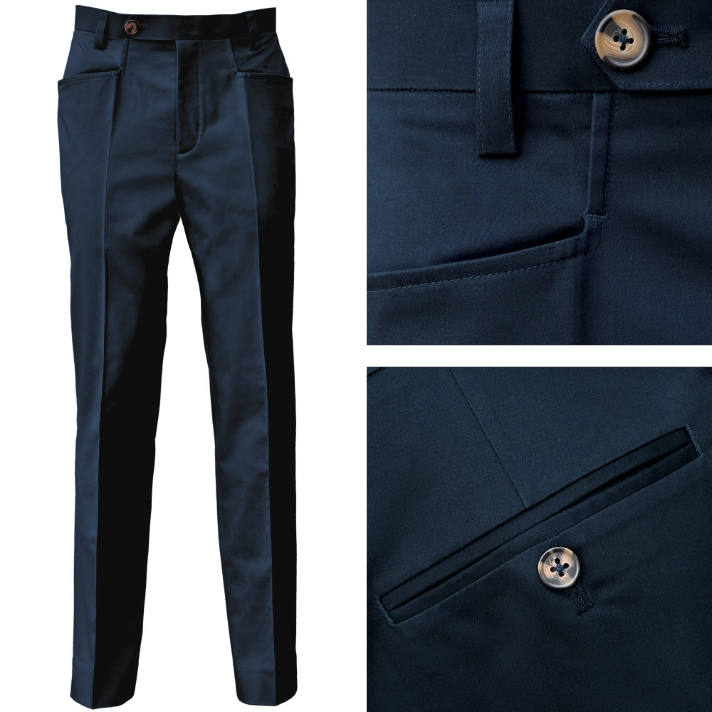 Adaptor Clothing Venetian Cotton Frogmouth Pocket Slim Trouser Navy