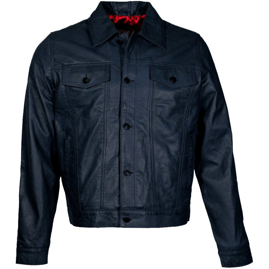 Adaptor Clothing Buttersoft Leather Trucker Jacket Navy