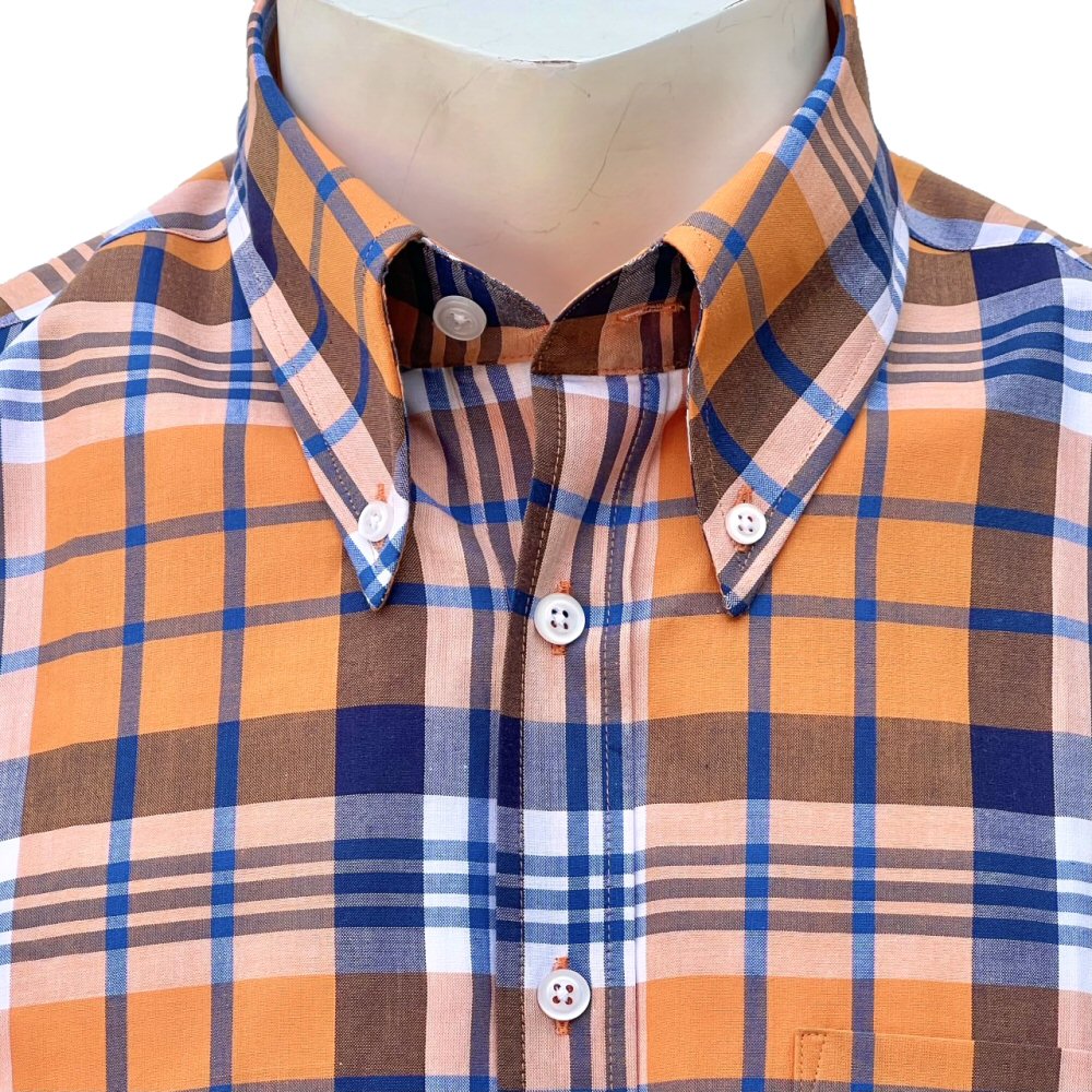 Adaptor Clothing Windowpane Short Sleeve Check Shirt Orange