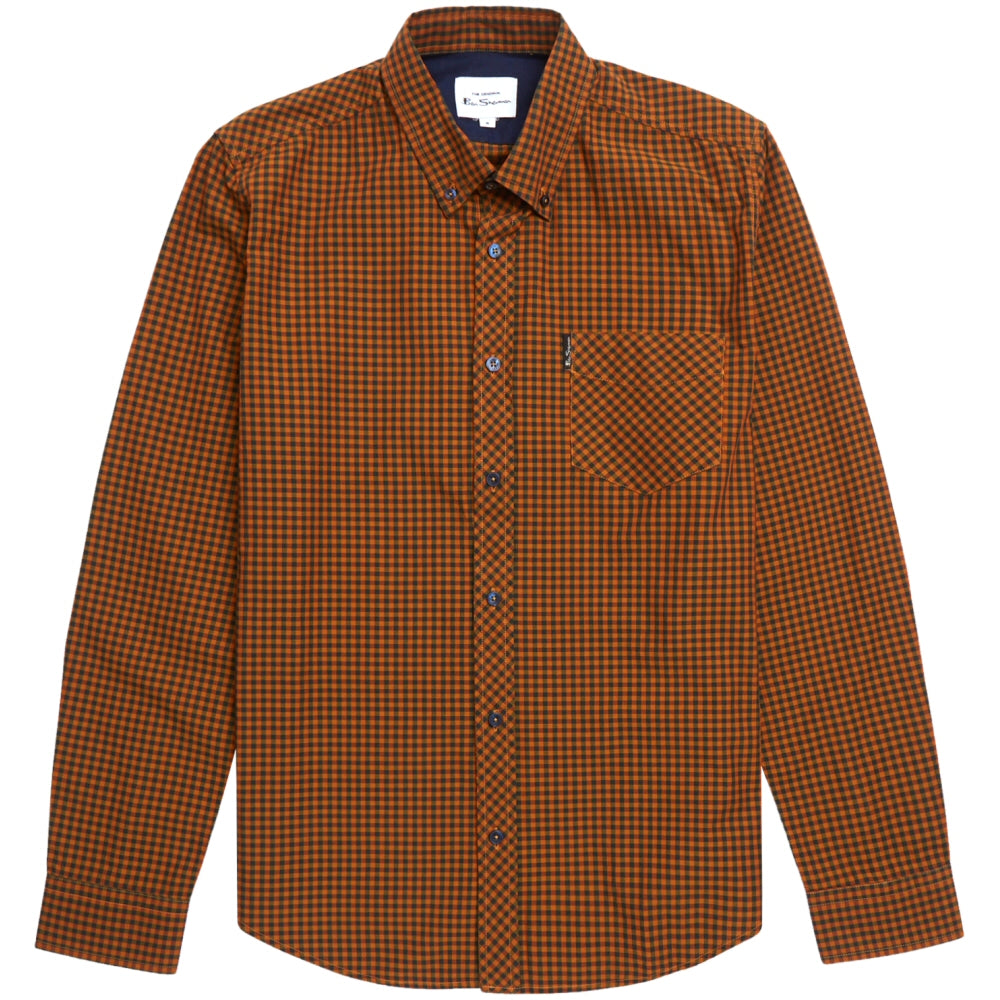 Ben Sherman Long Sleeve Gingham Check Shirt Burnt Orange