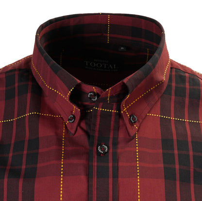 Tootal Short Sleeve Button Down Shirt Oxblood Yellow Stitch Check