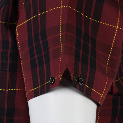 Tootal Short Sleeve Button Down Shirt Oxblood Yellow Stitch Check