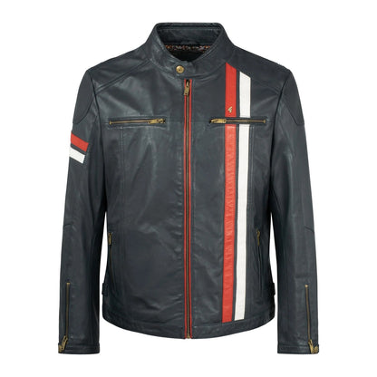 Gabicci Vintage Aged Leather Café Racer McQueen Jacket Navy