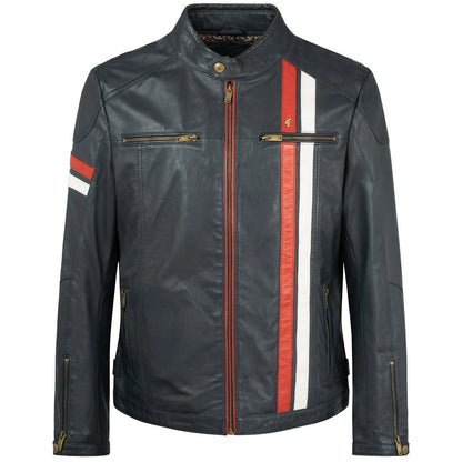 Gabicci Vintage Aged Leather Café Racer McQueen Jacket Navy