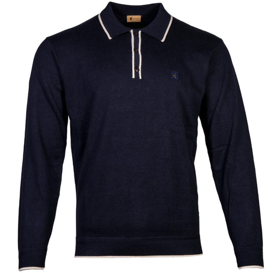 Gabicci Contrast Tipped Plain Fine Gauge Knit Polo Navy