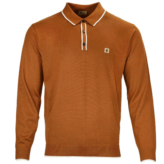 Gabicci Contrast Tipped Plain Fine Gauge Knit Polo Walnut