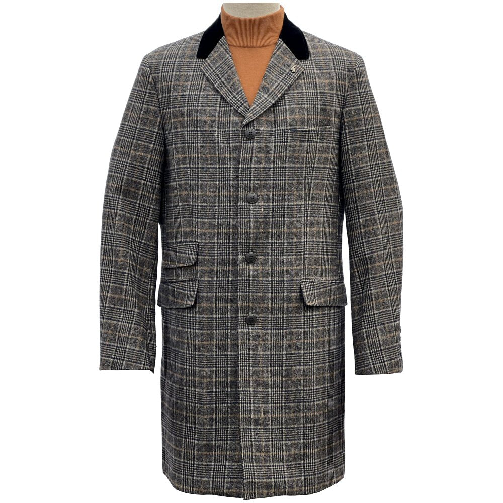 Gabicci Vintage Velvet Collar Wool Mix Check Overcoat