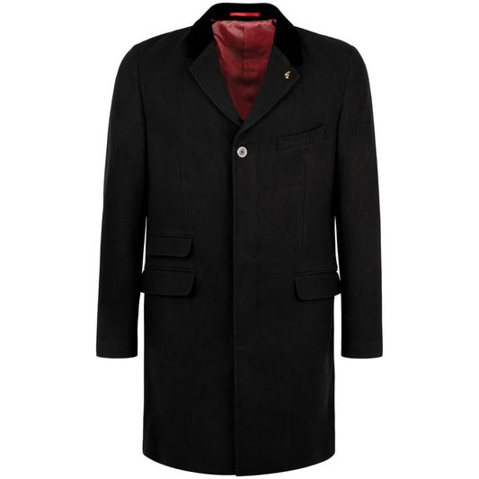 Gabicci Vintage Velvet Collar Wool Mix Overcoat Black