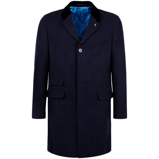 Gabicci Vintage Velvet Collar Wool Mix Overcoat Navy