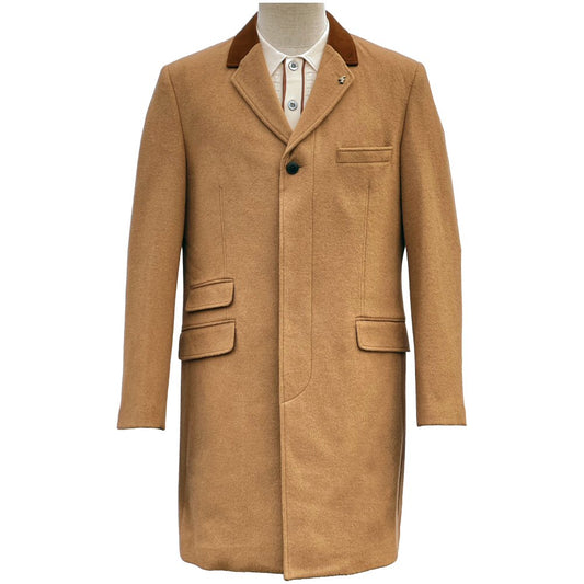 Gabicci Vintage Velvet Collar Wool Mix Overcoat Camel