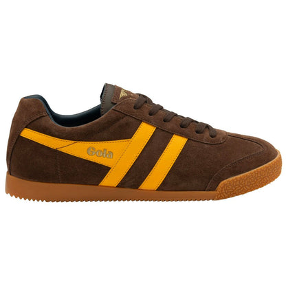 Gola Harrier Classic Twin Stripe Suede Trainer Coffee Brown / Yellow