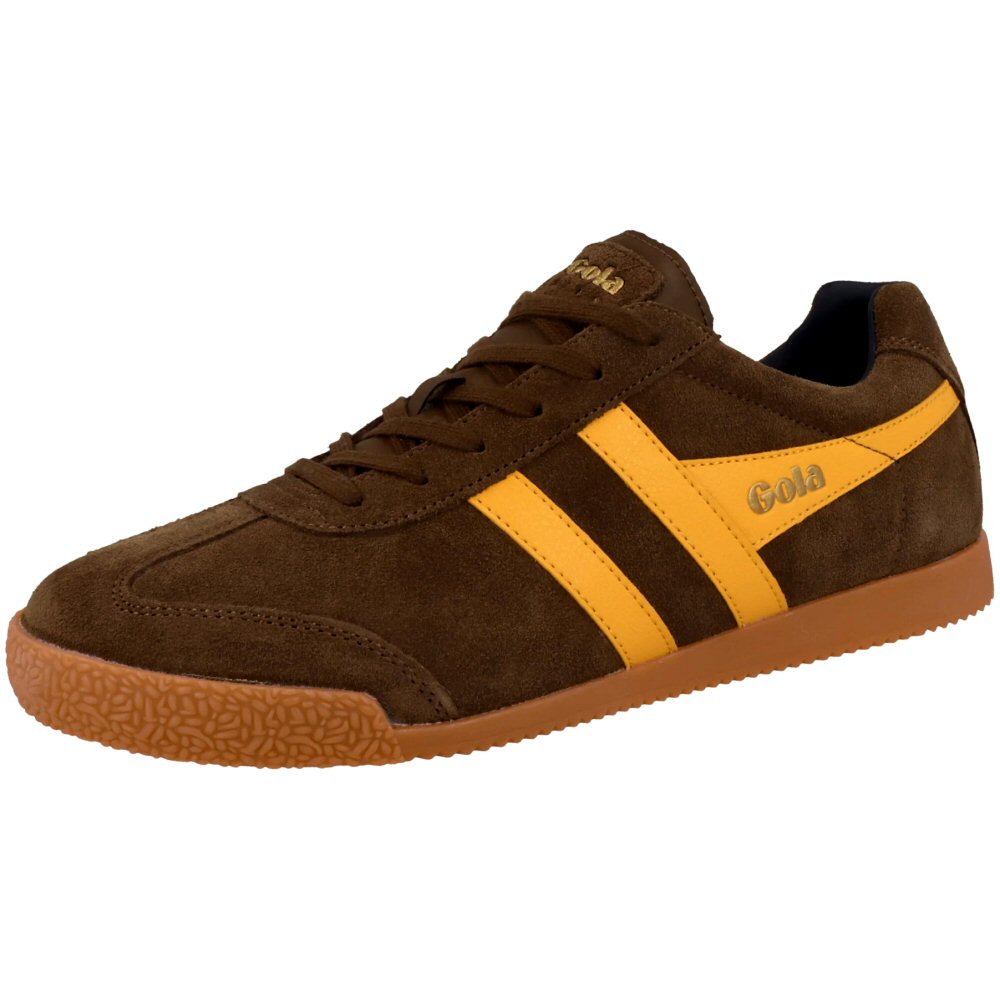 Gola Harrier Classic Twin Stripe Suede Trainer Coffee Brown / Yellow