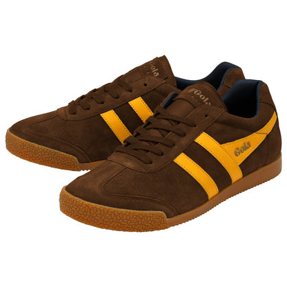 Gola Harrier Classic Twin Stripe Suede Trainer Coffee Brown / Yellow