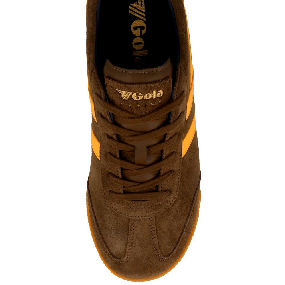 Gola Harrier Classic Twin Stripe Suede Trainer Coffee Brown / Yellow