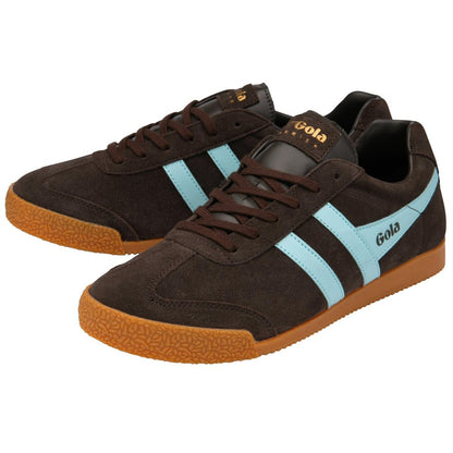 Gola Harrier Classic Twin Stripe Suede Trainer Dark Brown / Pale Blue