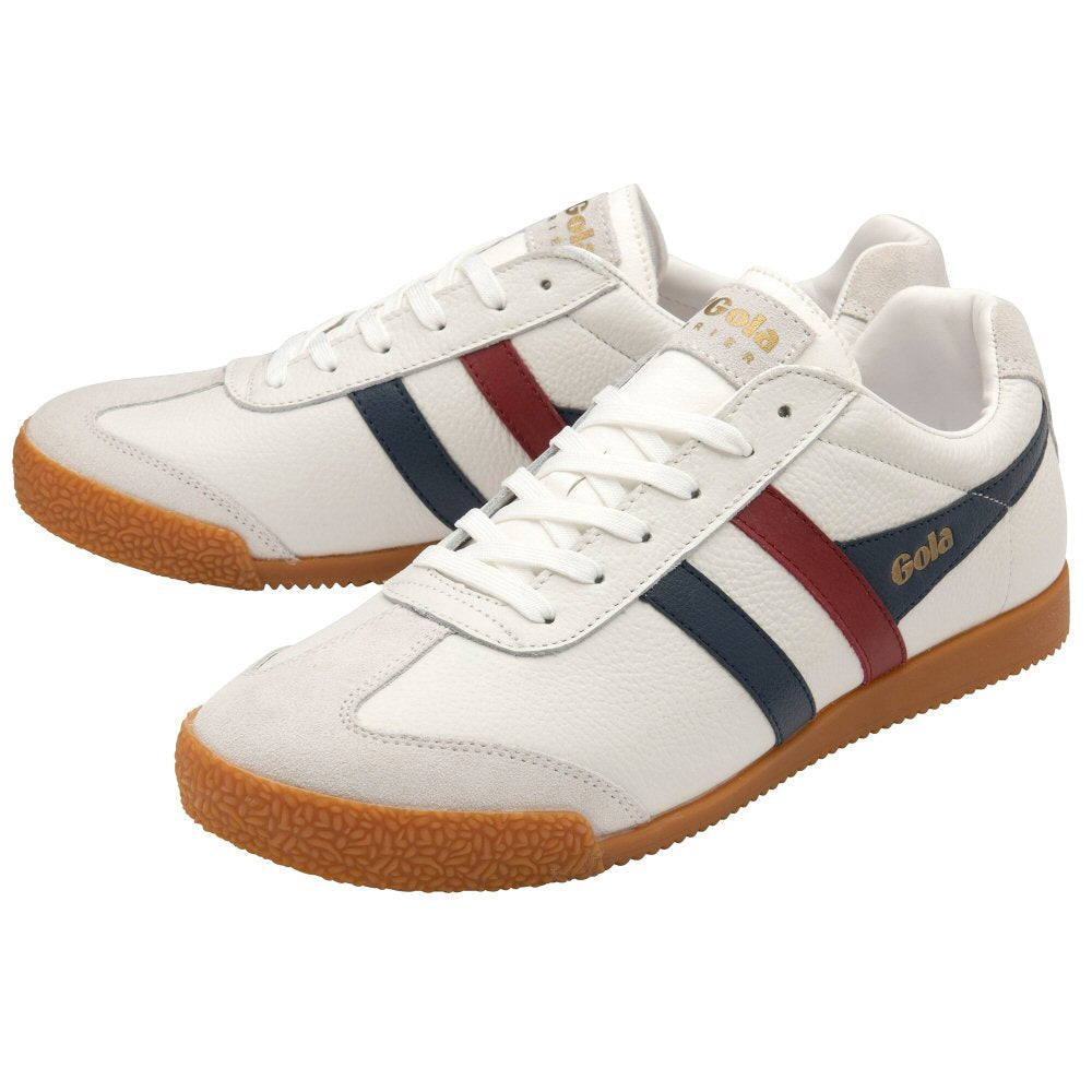 Gola Harrier Twin Stripe Tumbled Leather Trainer White Navy Red