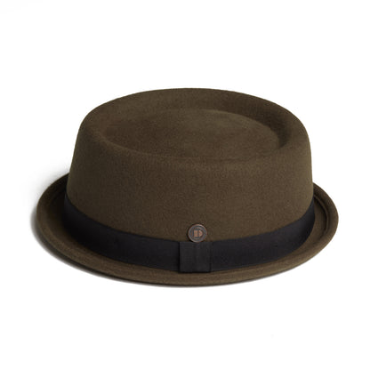 Dasmarca Rude Boy Narrow Brim 100% Wool Felt Trilby Pork Pie Hat Olive