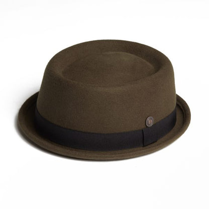 Dasmarca Rude Boy Narrow Brim 100% Wool Felt Trilby Pork Pie Hat Olive