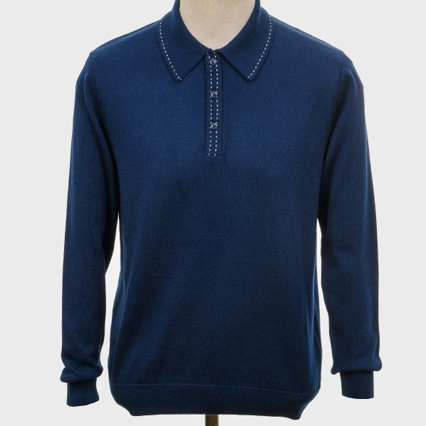 Art Gallery Fine Gauge Knit Stitch Detail L/S Polo Navy