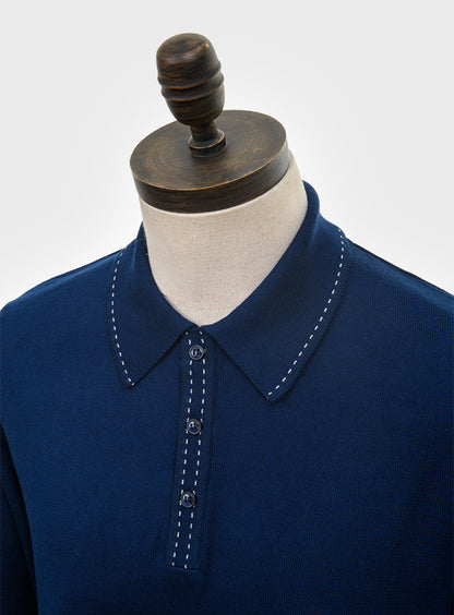 Art Gallery Fine Gauge Knit Stitch Detail L/S Polo Navy