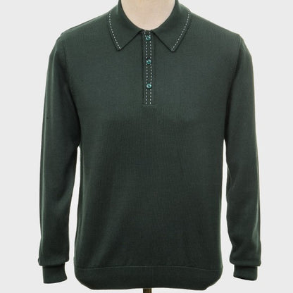 Art Gallery Fine Gauge Knit Stitch Detail L/S Polo Forest Green