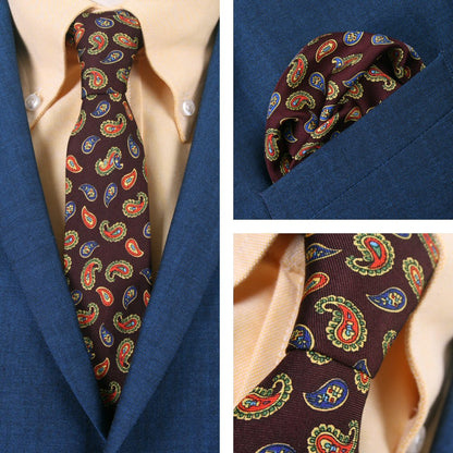 Knightsbridge Retro Mod 60's Matching Paisley Silk Slim Tie and Pocket Square Maroon / Yellow