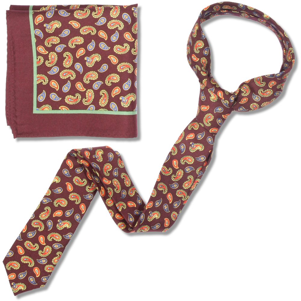 Knightsbridge Retro Mod 60's Matching Paisley Silk Slim Tie and Pocket Square Maroon / Yellow