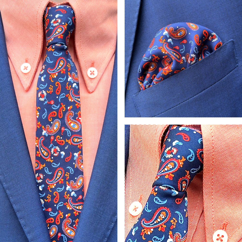 Knightsbridge Retro Mod 60's Matching Paisley Silk Slim Tie and Pocket Square Navy / Orange