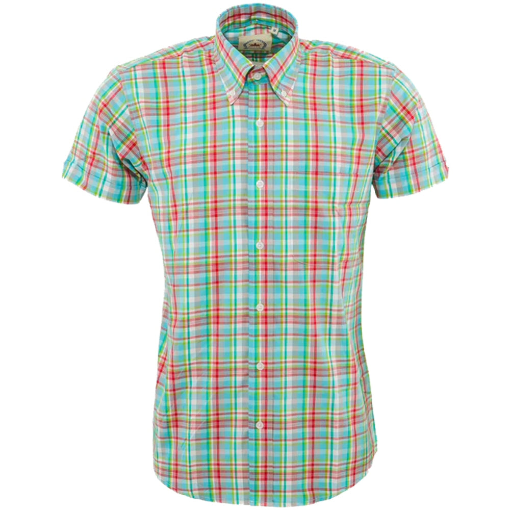 Relco Button Down Check Short Sleeve Shirt Turquoise and Red