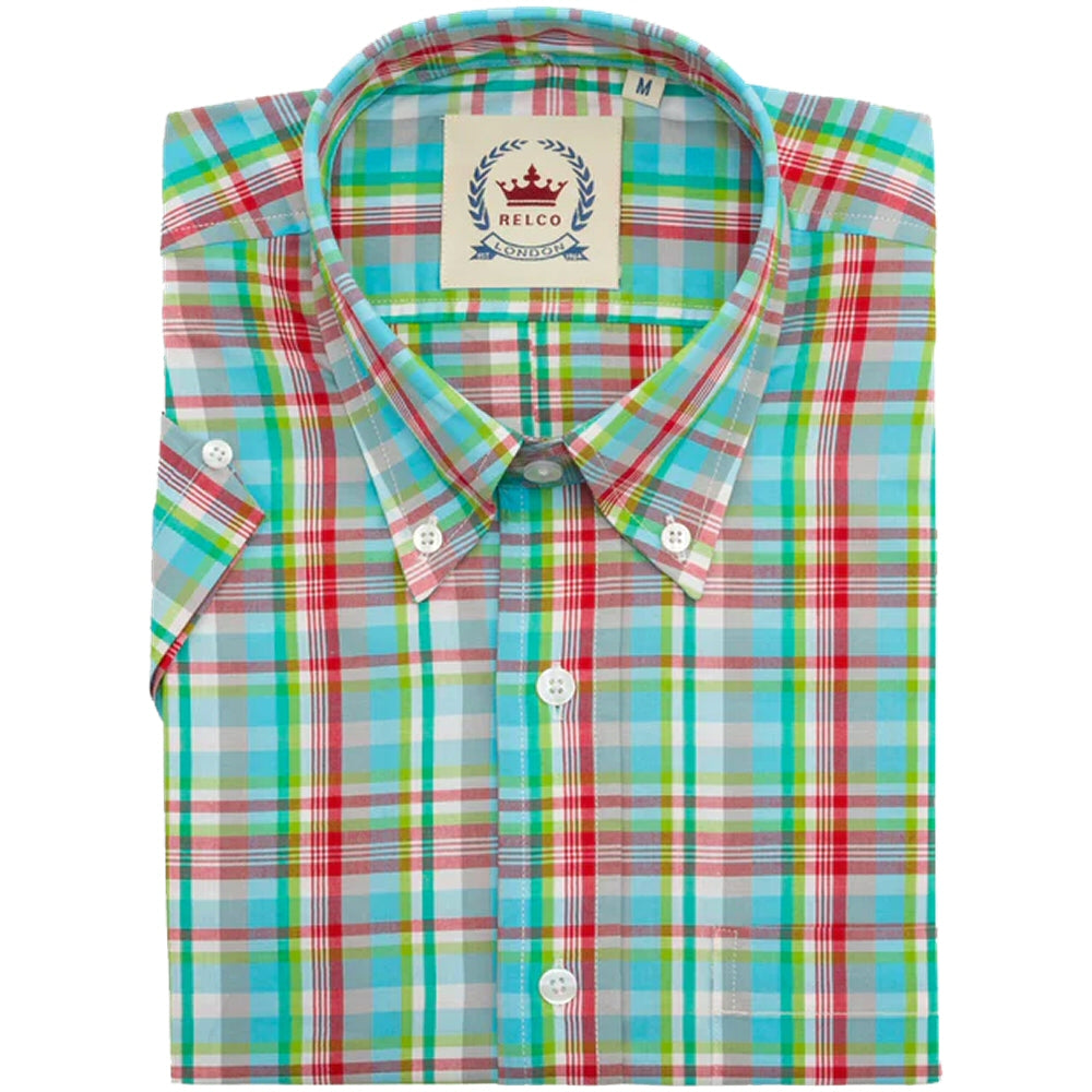 Relco Button Down Check Short Sleeve Shirt Turquoise and Red