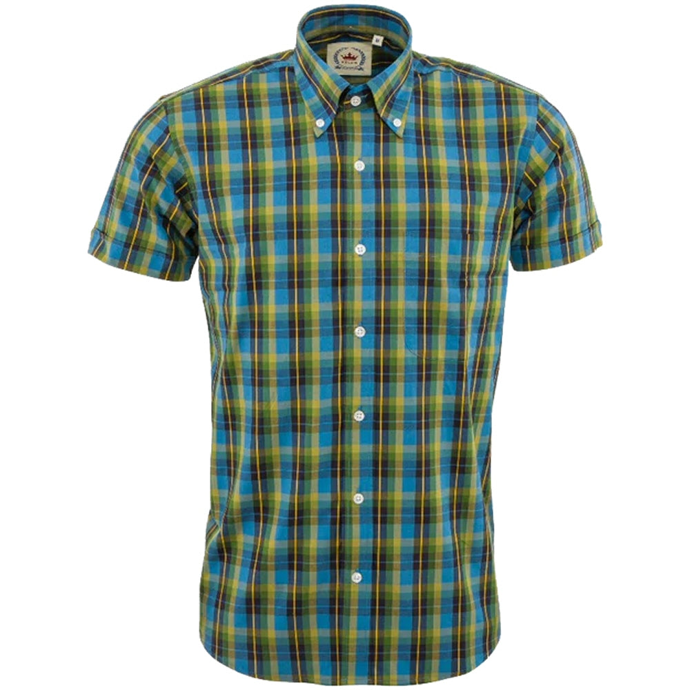 Relco Button Down Check Short Sleeve Shirt Teal and Yellow