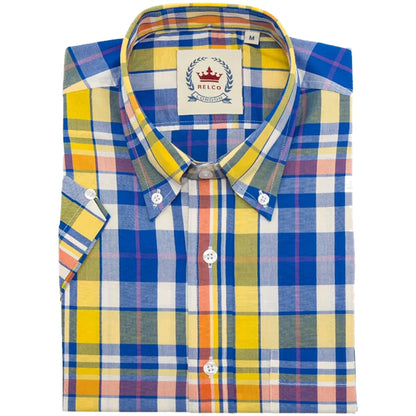 Relco Button Down Check Short Sleeve Shirt Yellow and Blue