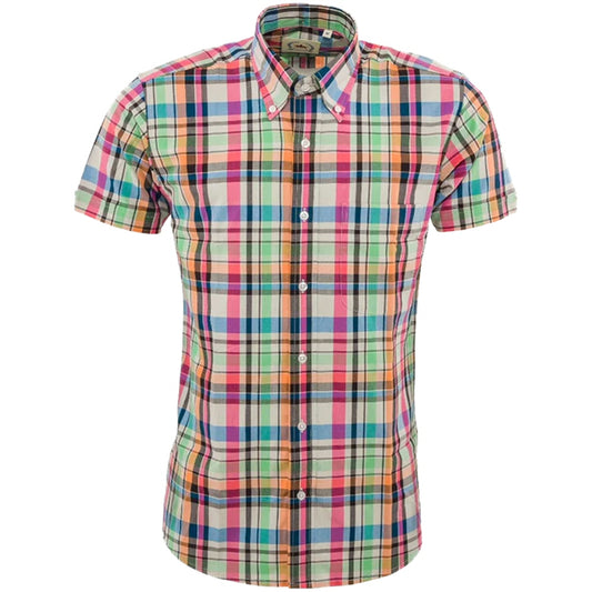 Relco Button Down Check Short Sleeve Shirt Pink and Green