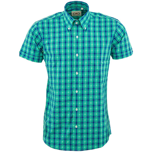 Relco Button Down Check Short Sleeve Shirt Green and Blue