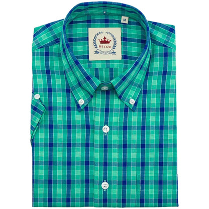 Relco Button Down Check Short Sleeve Shirt Green and Blue