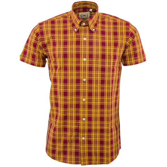 Relco Button Down Check Short Sleeve Shirt Burgundy And Mustard