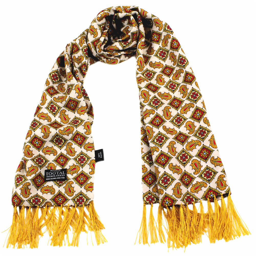 Tootal Geometric Print Rayon Tassled Scarf Gold