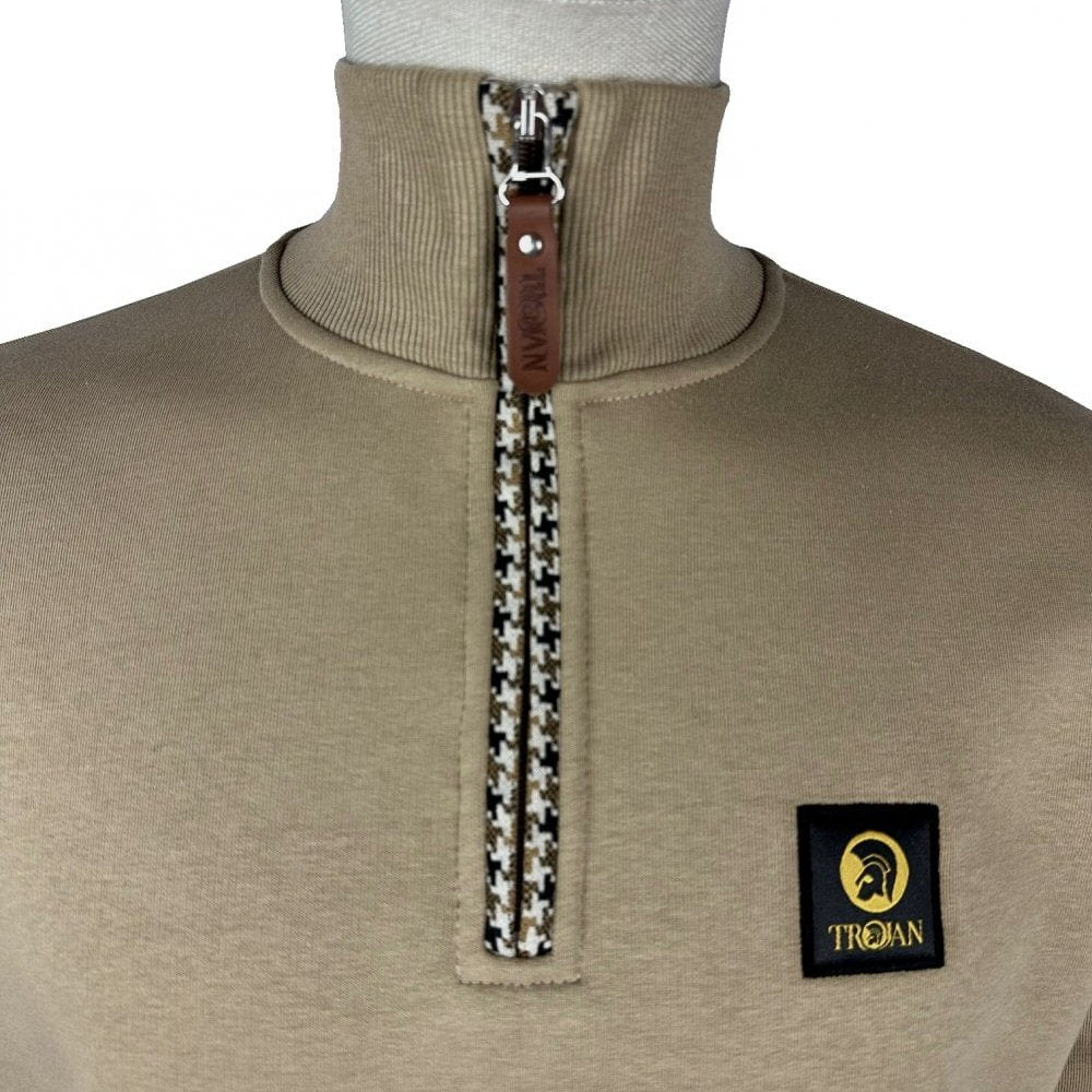 Trojan Records Houndstooth Trim 1/4 Zip Sweatshirt Sand