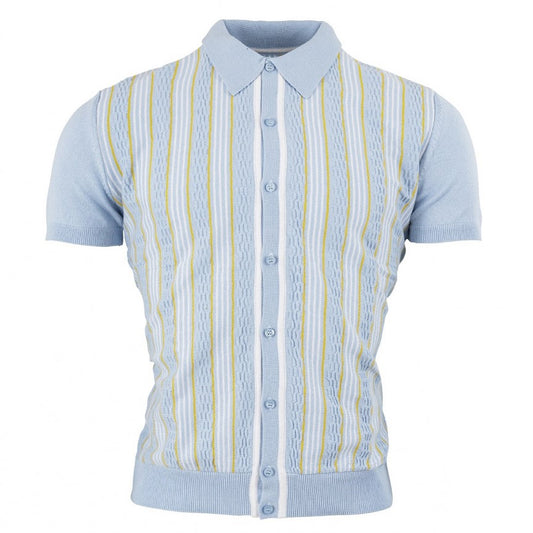 Relco Knitted Button Through Stripe Polo Cardi Sky