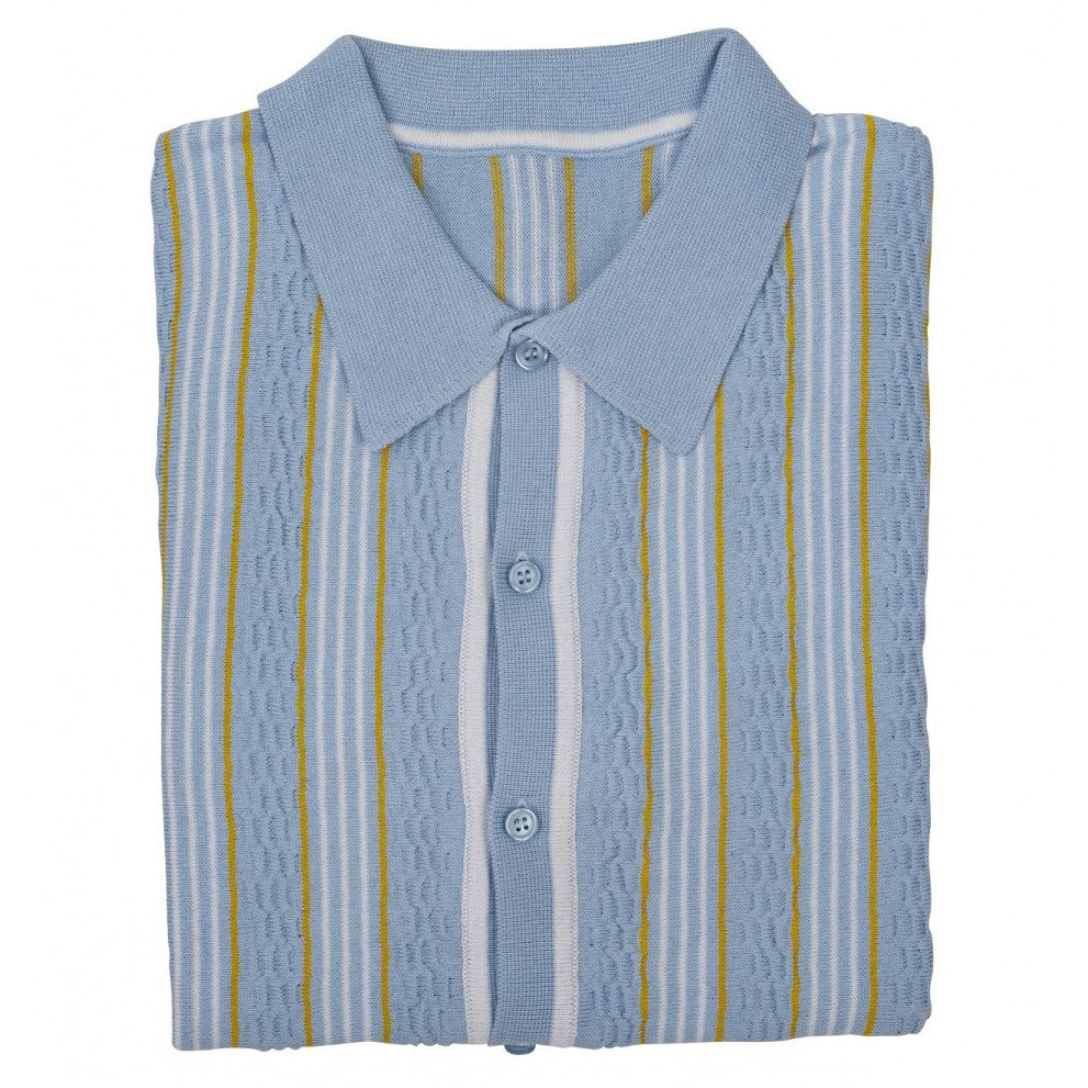 Relco Knitted Button Through Stripe Polo Cardi Sky