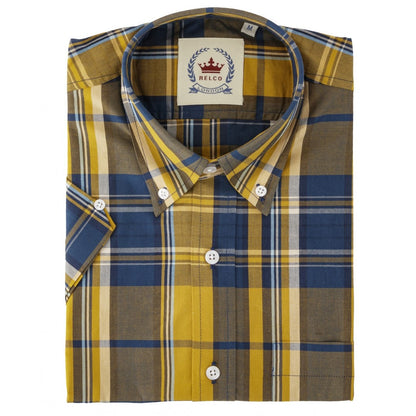 Relco Button Down Check Short Sleeve Shirt Mustard Navy