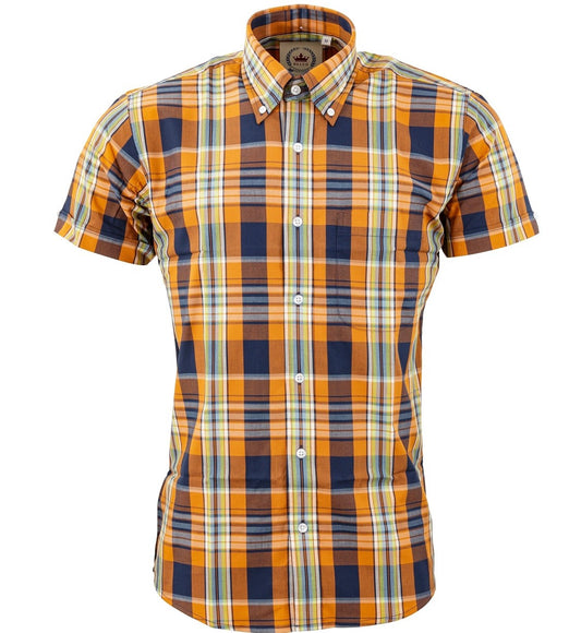 Relco Button Down Check Short Sleeve Shirt Orange