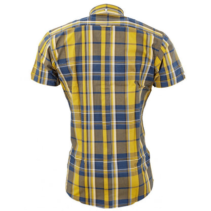 Relco Button Down Check Short Sleeve Shirt Mustard Navy