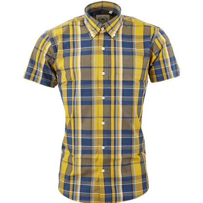 Relco Button Down Check Short Sleeve Shirt Mustard Navy