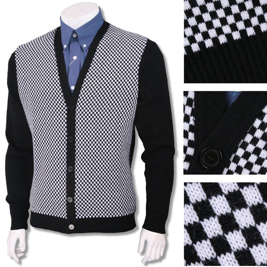 Relco Mod 60's Heavy Gauge Knit Checkerboard Cardigan Black / White