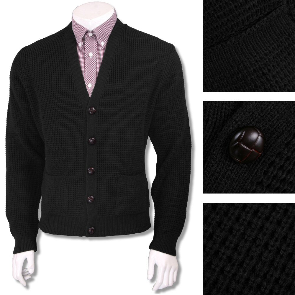 Skinhead Mod Pocket Waffle Knit Cardigan "leather" Football Buttons