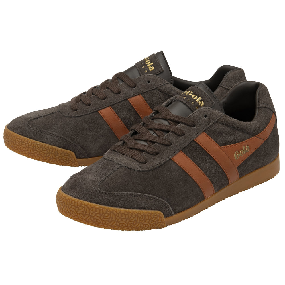 Gola Harrier Classic Twin Stripe Suede Trainer Dark Brown / Moody Orange