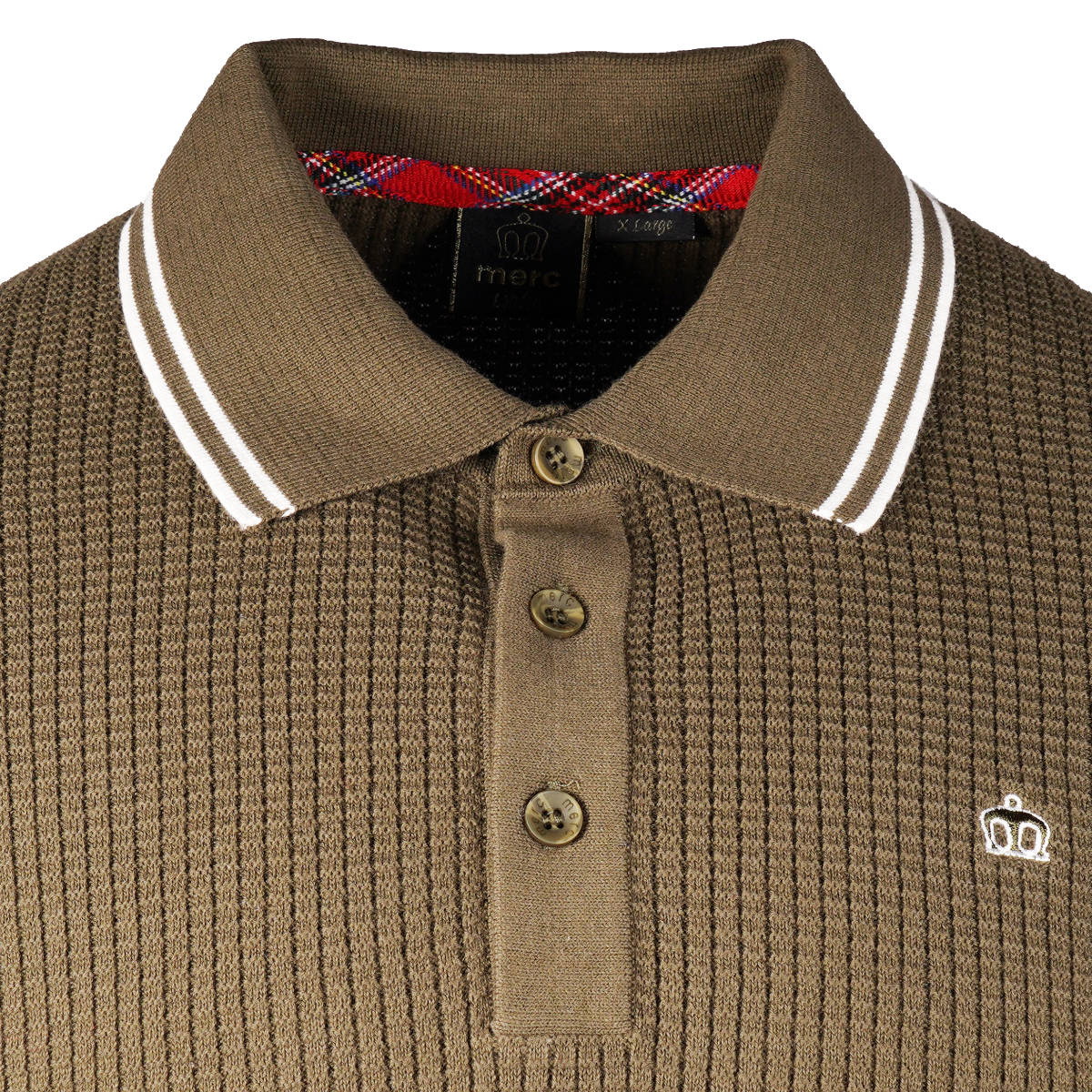 Merc London Fine Knit Waffle Tipped Collar Polo Shirt Olive