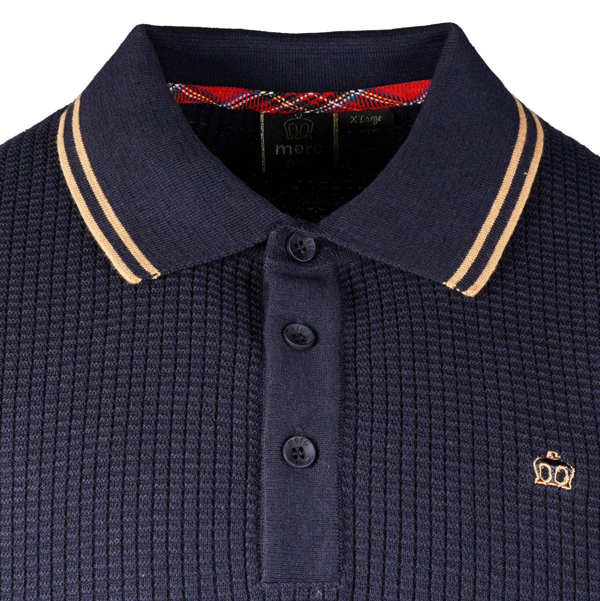 Merc London Fine Knit Waffle Tipped Collar Polo Shirt Navy